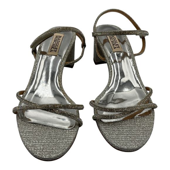 Badgley Mischka Ultima Rhinestone Embellished Block Heels Sandals Silver Size 6 - Picture 2 of 7